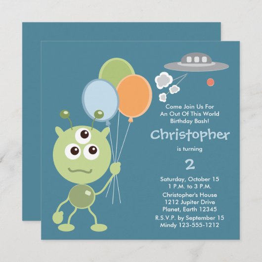 パーソナライズされた宇宙エイリアン誕生日招待状 招待状 (正面/裏面)