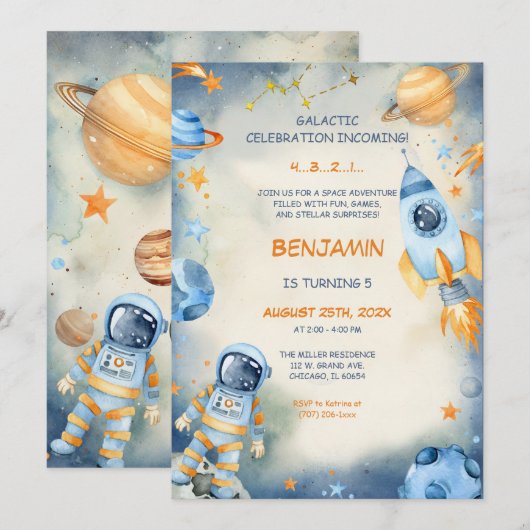 パーソナライズされた宇宙誕生日テンプレート 招待状 (正面/裏面)