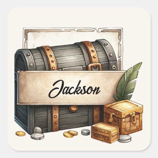 パーソナライズされた宝箱ステッカー - カスタム名 スクエアシール (正面)
