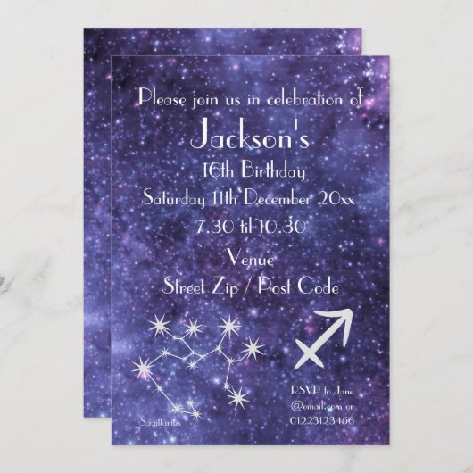 パーソナライズされた射手座〔占星術の〕十二宮図銀河系パーティー 招待状 (正面/裏面)