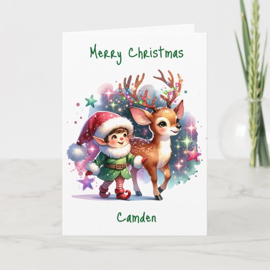 パーソナライズされた小妖精や小人と鹿の着色ページのクリスマス カード (正面)