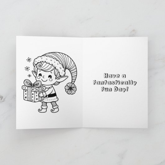 パーソナライズされた小妖精や小人と鹿の着色ページのクリスマス カード (内部)