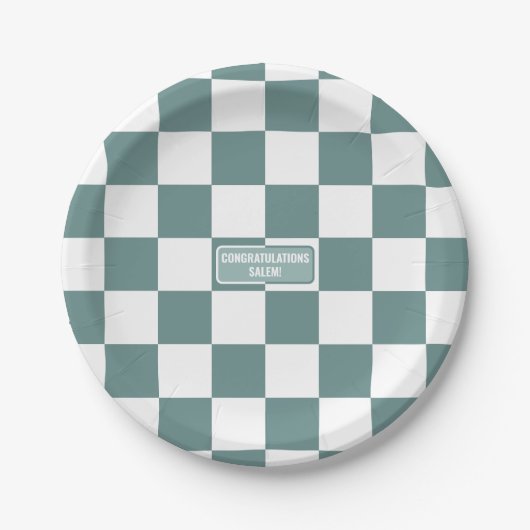 パーソナライズされた市松模様に磁器ターコイズ青 ペーパープレート (正面)