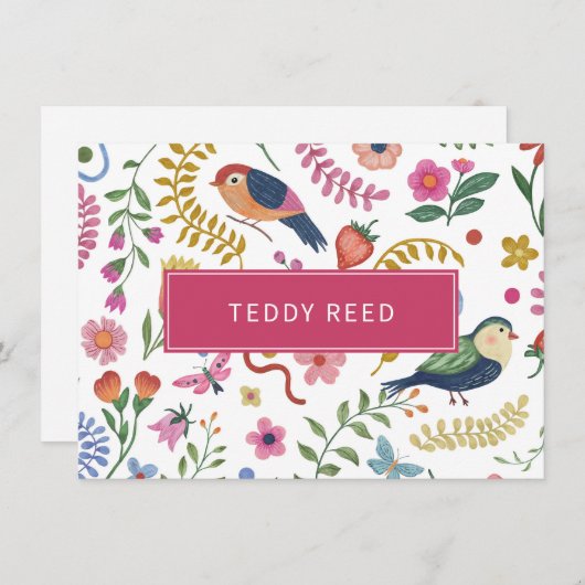 パーソナライズされた幻想的な花と鳥 ノートカード (正面/裏面)