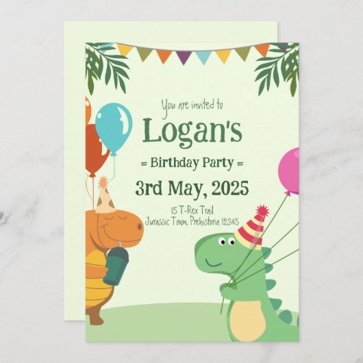 パーソナライズされた恐竜子供へ誕生会 招待状 (正面/裏面)
