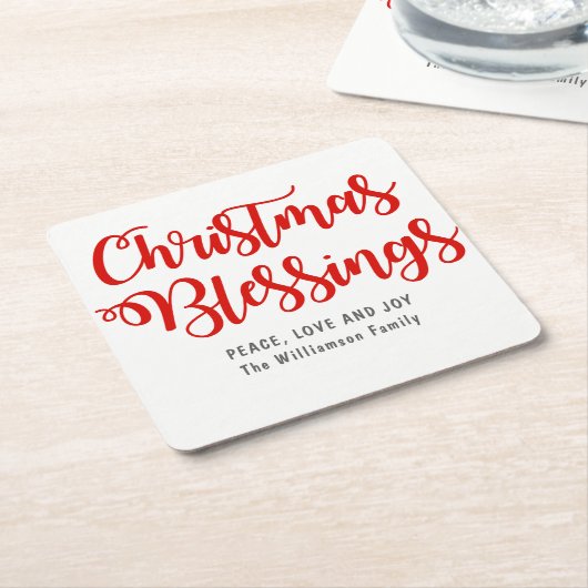 パーソナライズされた恵み赤と白 スクエアペーパーコースター (アングル)