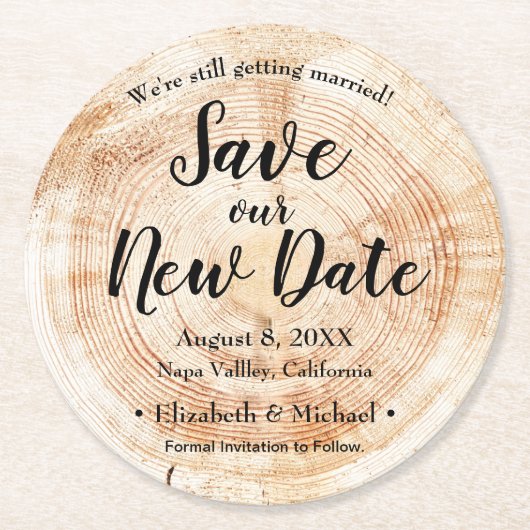 パーソナライズされた救ニュー・デイト・ウッド・プリント結婚ズ ラウンドペーパーコースター (正面)
