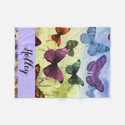 パーソナライズされた数々の色の蝶の水色 フリースブランケット (正面(横))
