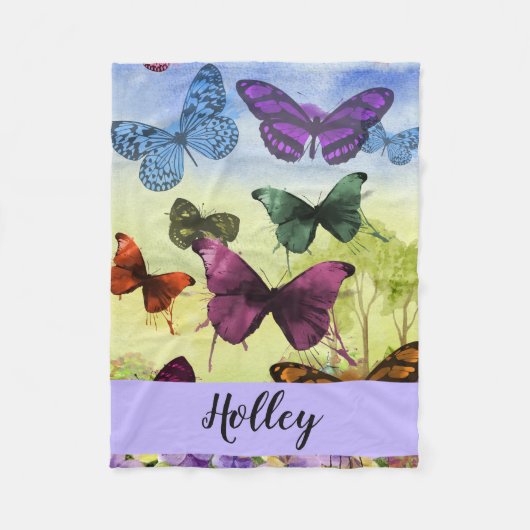 パーソナライズされた数々の色の蝶の水色 フリースブランケット (正面)