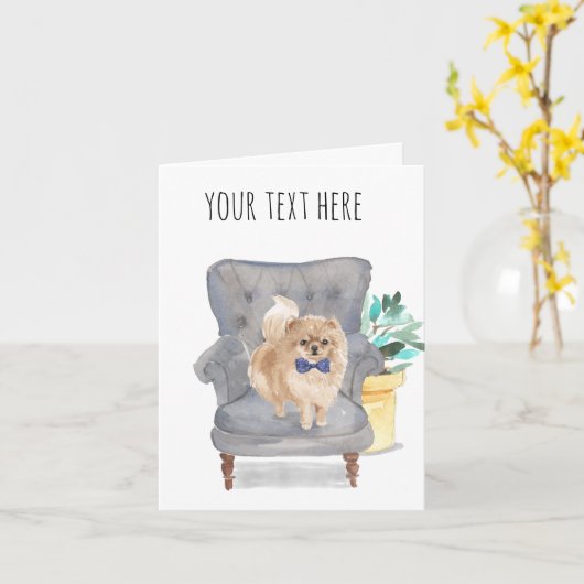 パーソナライズされた文字ポメラニア犬(青) カード (黄色い花)