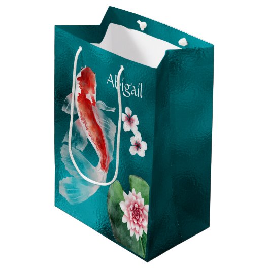 パーソナライズされた日本のコイ魚さくらんぼ花 ミディアムペーパーバッグ (正面アングル)