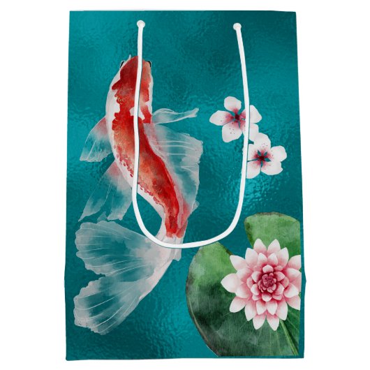 パーソナライズされた日本のコイ魚さくらんぼ花 ミディアムペーパーバッグ (裏面)