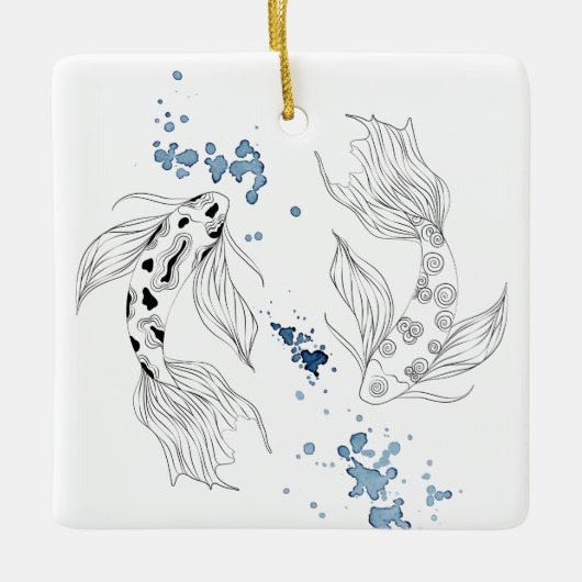 パーソナライズされた日本のコイ魚の泳ぐクリスマス セラミックオーナメント (正面)
