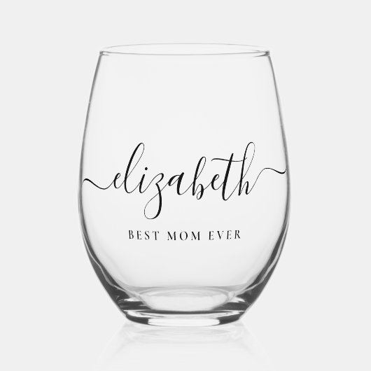パーソナライズされた最高の母は常にモノグラムのスクリプト ステムなしワイングラス (正面)