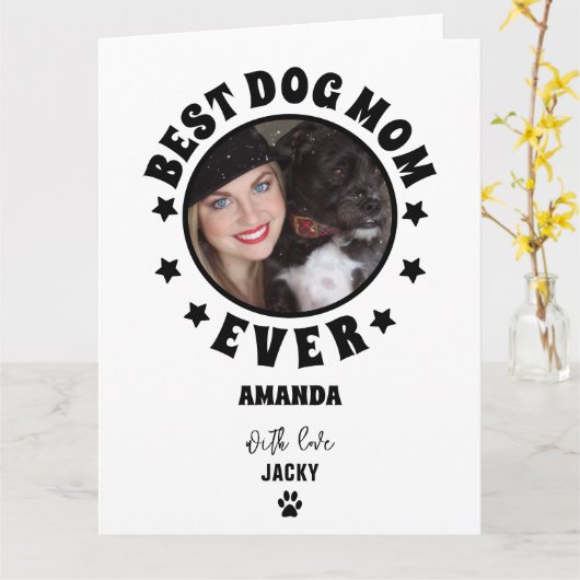 パーソナライズされた最高の犬の母の写真カスタム写真 カード (黄色い花)