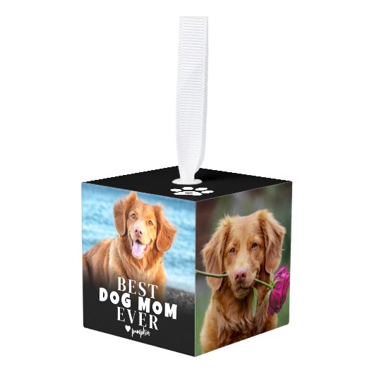 パーソナライズされた最高のDog Mom写真クリスマス キューブオーナメント (正面アングル)