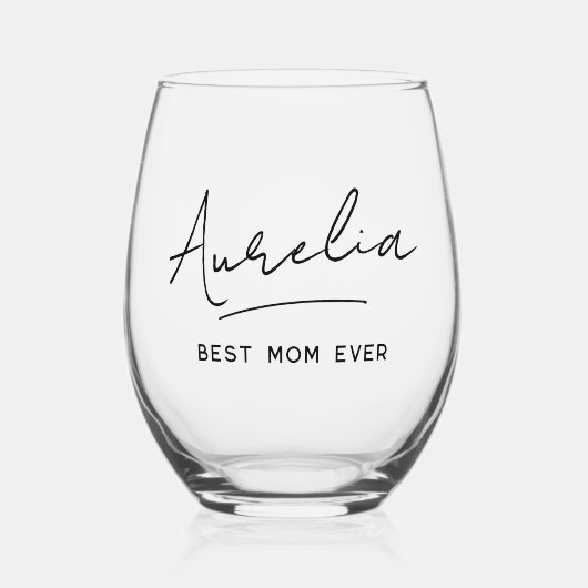 パーソナライズされた最高のMom Ever Monogram署名名 ステムなしワイングラス (正面)