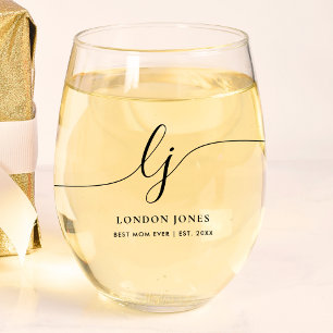パーソナライズされた最高のMom Ever Script Monogramイニシャル ステムなしワイングラス