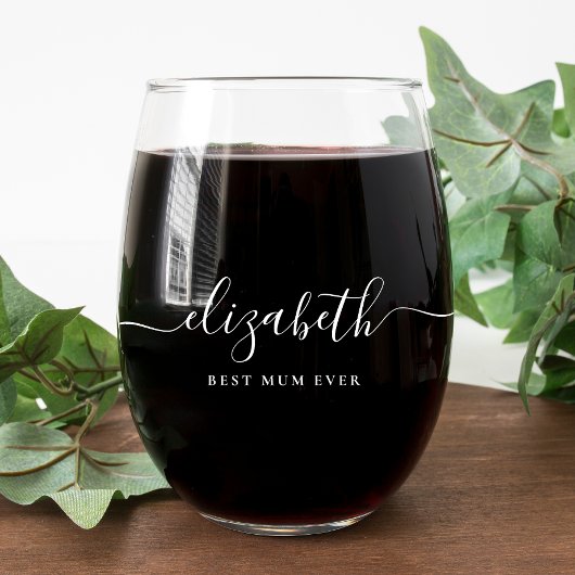 パーソナライズされた最高のMum Ever White Script Monogram ステムなしワイングラス