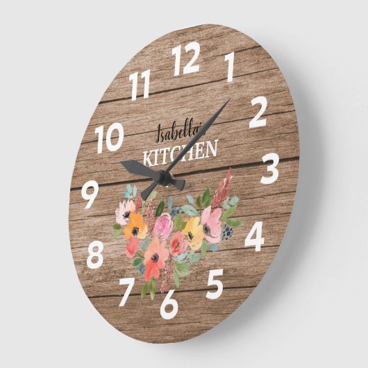 パーソナライズされた木素朴とピンクのフローラキッチン ラージ壁時計 (傾斜)