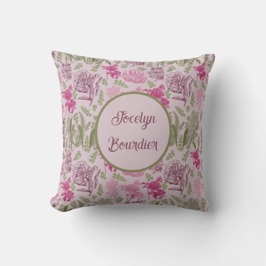 パーソナライズされた植物性ピンク牡丹ユーカリ クッション (正面)