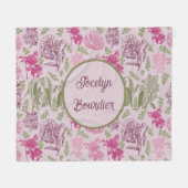 パーソナライズされた植物性ピンク牡丹ユーカリ フリースブランケット (正面(横))