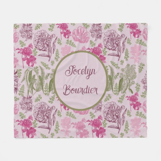 パーソナライズされた植物性ピンク牡丹ユーカリ フリースブランケット (正面(横))