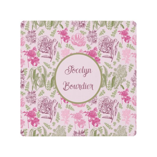 パーソナライズされた植物性ピンク牡丹ユーカリ メタルプリント (正面)