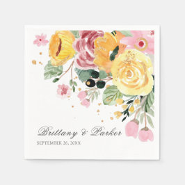 パーソナライズされた水カラーフローラ結婚 スタンダードカクテルナプキン