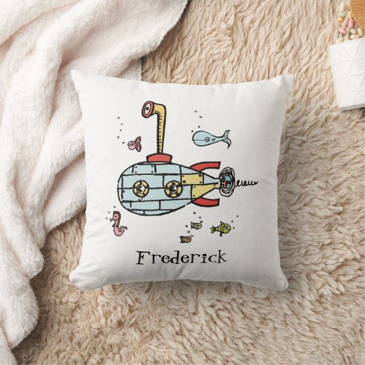 パーソナライズされた水中の可愛い航海の潜水艦 クッション (ブランケット)