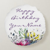 パーソナライズされた水彩ピンク&ブルーフラワーズデザイン ラウンドクッション (裏面)