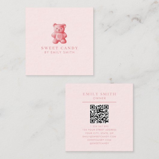 パーソナライズされた水彩可愛いピンクのグミベア スクエア名刺 (正面/裏面)