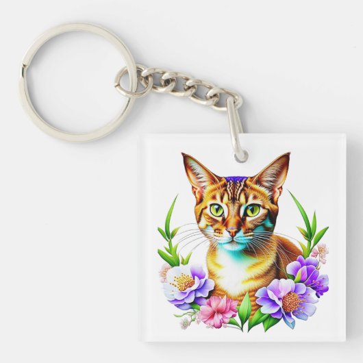 パーソナライズされた水彩猫と花 キーホルダー (正面)