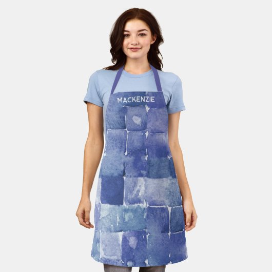 パーソナライズされた水彩画絵を描家ブルー エプロン (着用した状態)