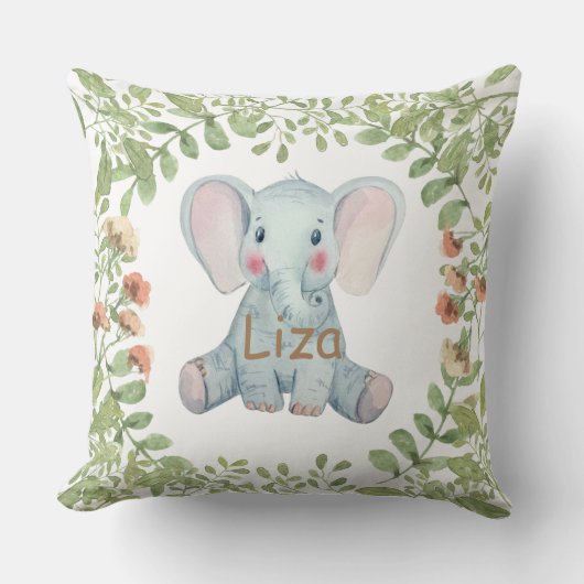 パーソナライズされた水彩象の緑子供部屋 クッション (正面)