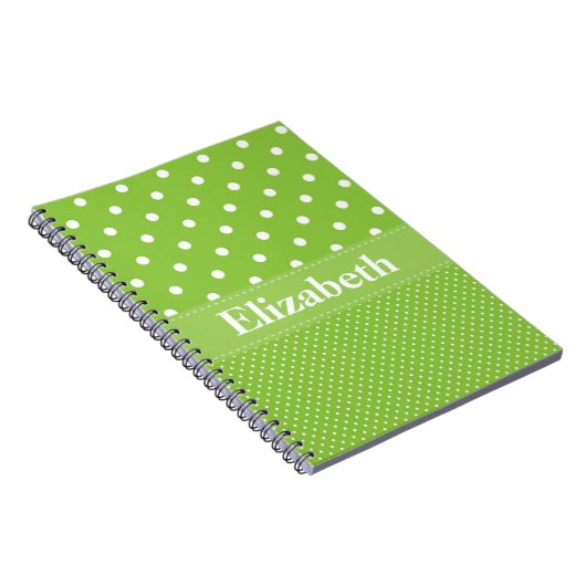 パーソナライズされた水玉模様パターン緑と白 ノートブック (右側)