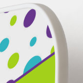 パーソナライズされた水玉模様，正方形ライム，紫，ティール（緑がかった色） ピックルボールラケット (左詳細)