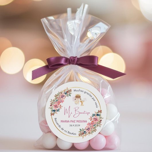 パーソナライズされた洗礼と贈り物ピンクの花 ラウンドシール