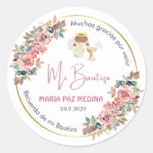 パーソナライズされた洗礼と贈り物ピンクの花 ラウンドシール (正面)