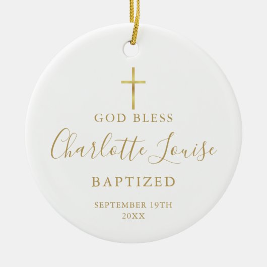 パーソナライズされた洗礼写真金ゴールドシグネチャーガールボーイ セラミックオーナメント (正面)