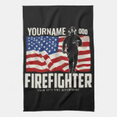 パーソナライズされた消防士の救出アメリカ国旗の愛国心 キッチンタオル (縦)