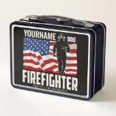 パーソナライズされた消防士の救出アメリカ国旗の愛国心 メタルランチボックス (裏面)