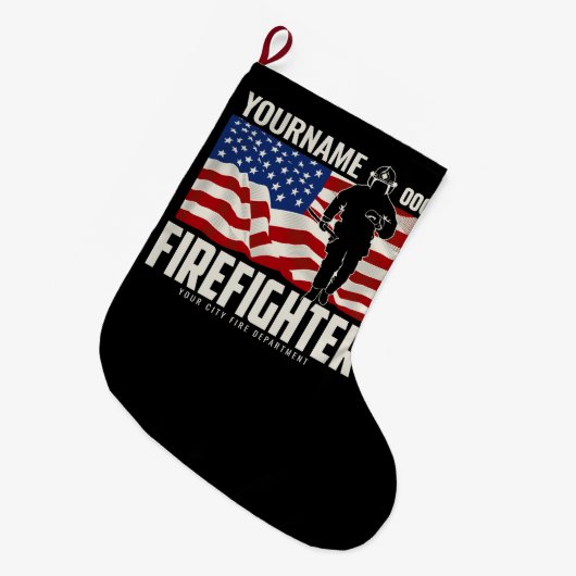 パーソナライズされた消防士の救出アメリカ国旗の愛国心 ラージクリスマスストッキング (正面 (吊り時))