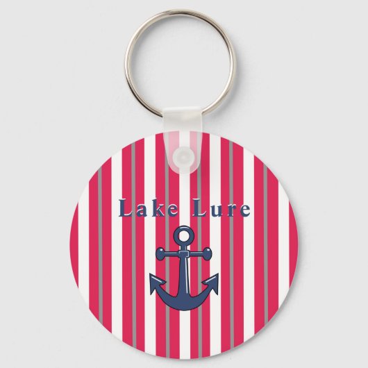 パーソナライズされた湖またはビーチ赤ストライプの白 キーホルダー (正面)