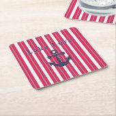 パーソナライズされた湖またはビーチ赤ストライプの白 スクエアペーパーコースター (アングル)