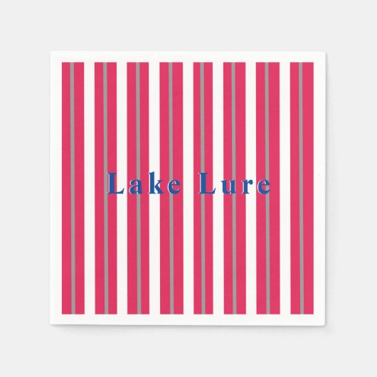 パーソナライズされた湖またはビーチ赤ストライプの白 スタンダードカクテルナプキン (正面)