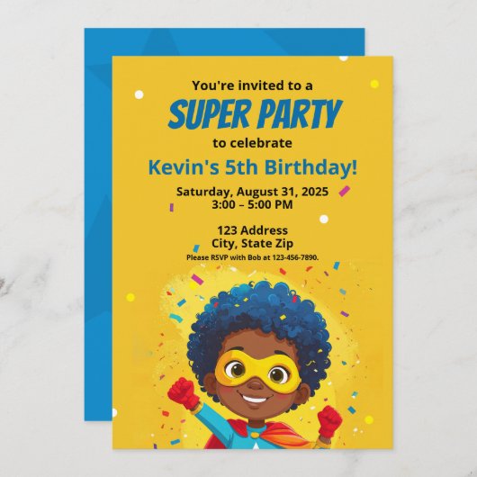 パーソナライズされた漫画ブックスタイルすごい英雄の招待 招待状 (正面/裏面)