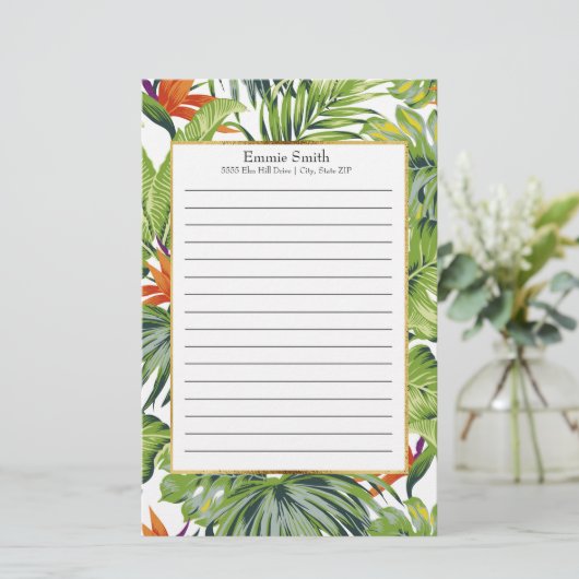 パーソナライズされた熱帯葉オレンジ花 便箋 (スタンド正面)