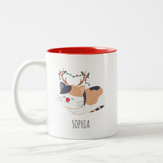 パーソナライズされた猫好きトナカイ ツートーンマグカップ (左)