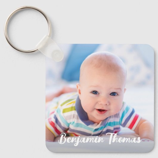 パーソナライズされた生まれたばかりのベビー写真の名前と誕生の詳細 キーホルダー (正面)